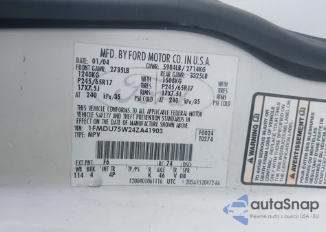 2004 Ford Explorer Limited из США, поврежденный, VIN 1FMDU75W24ZA41903